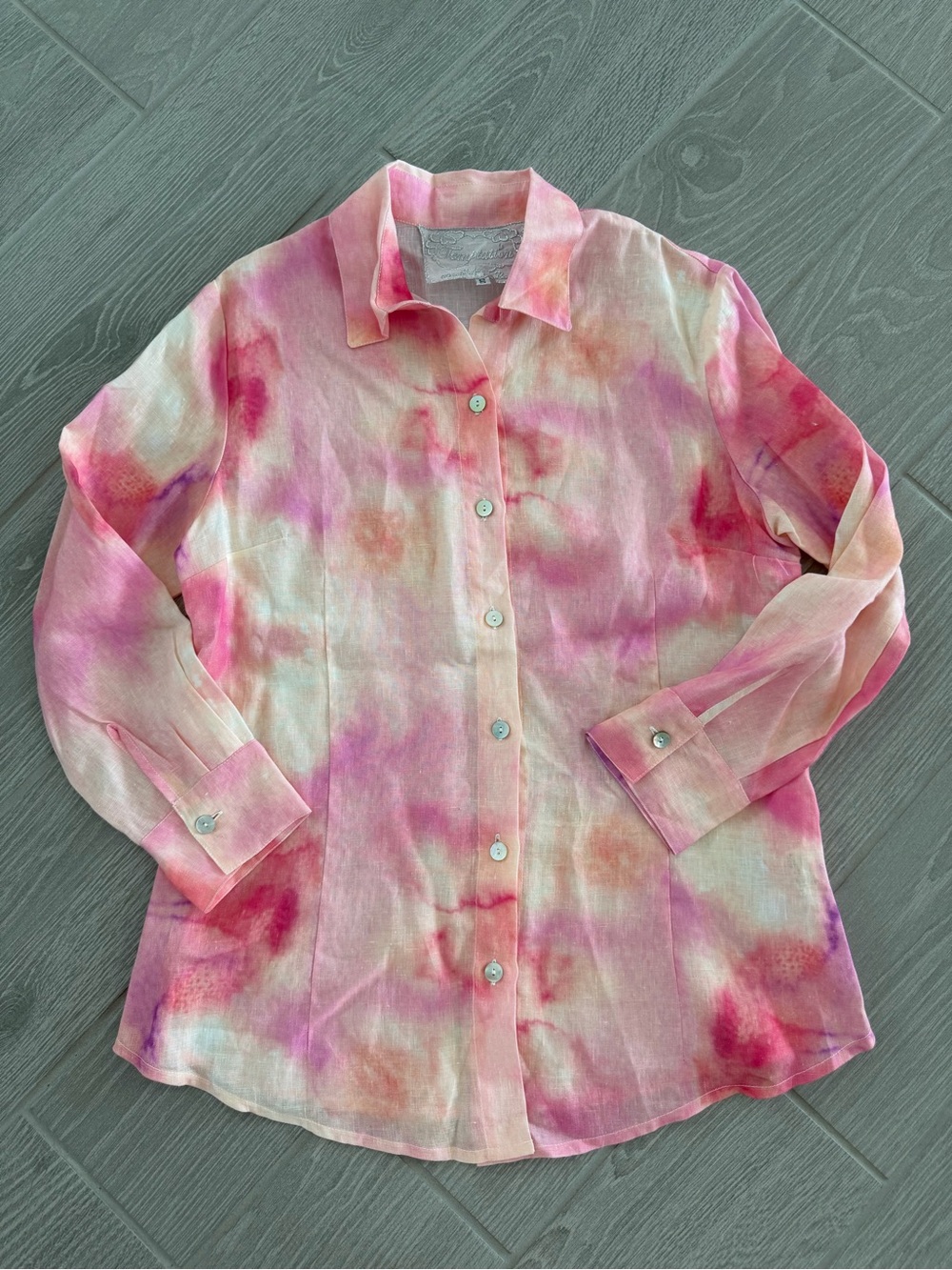 TEMPTATION POSITANO 100% Linen Pink Tie Dye Shirt Size Small VGUC